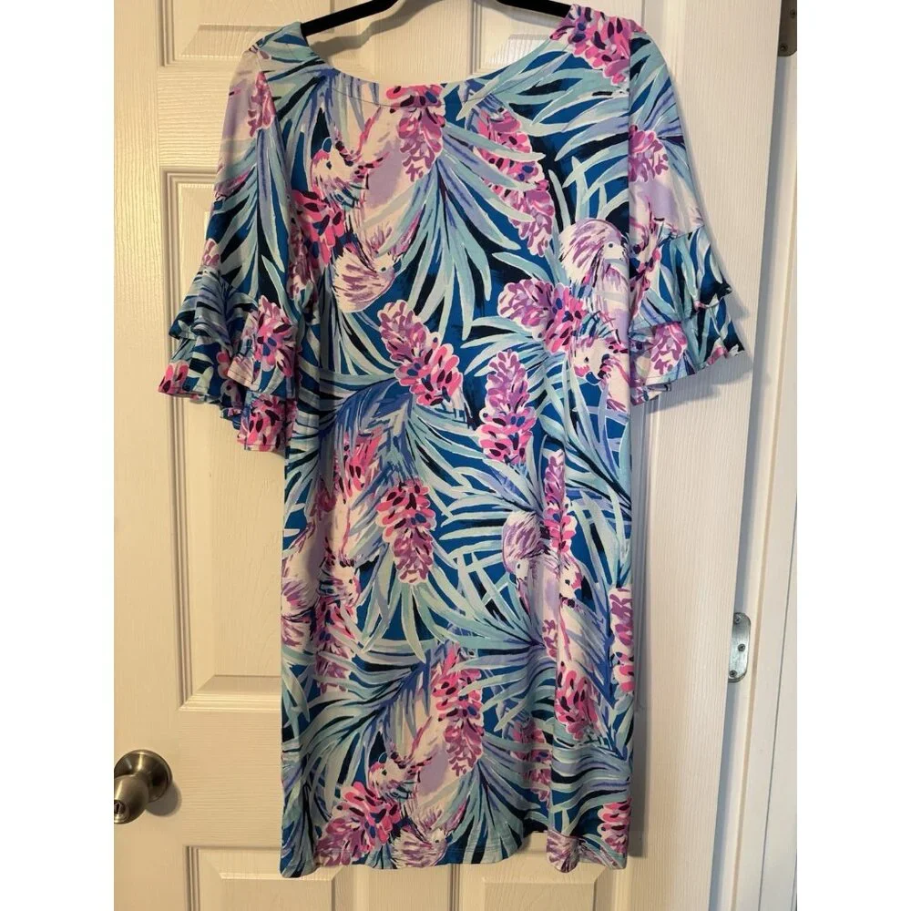 Lilly Pulitzer Dress M Blue Pink White Stretch Shift Short Ruffle Sleeve - Picture 9 of 13
